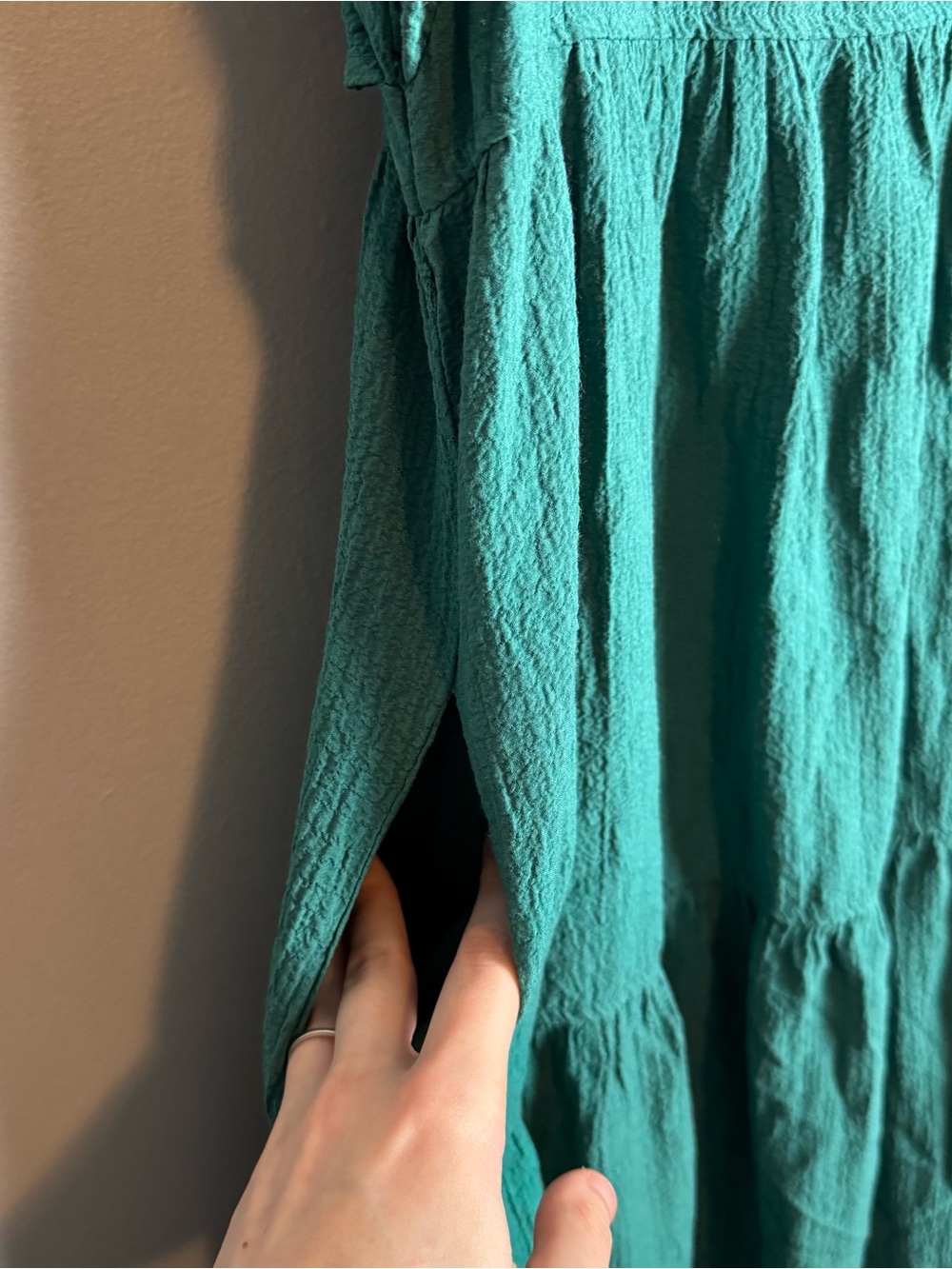 Calvin Klein Gauze Slit Neck Tiered Emerald Green Swing Midi Dress Size 16 - Picture 10 of 12